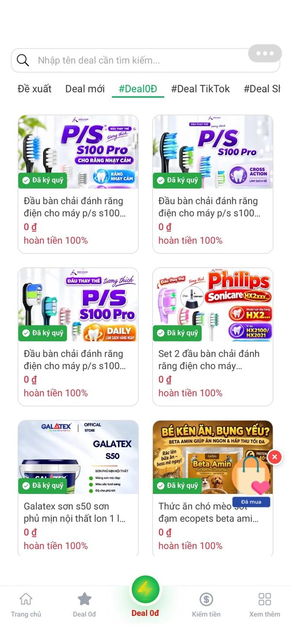 Màn hình Deal 0đ hoàn tiền 100% trên app Tích Lũy