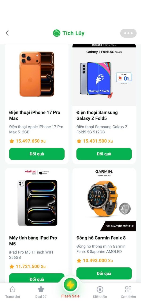 Màn hình đổi quà bằng xu trên app Tích Lũy