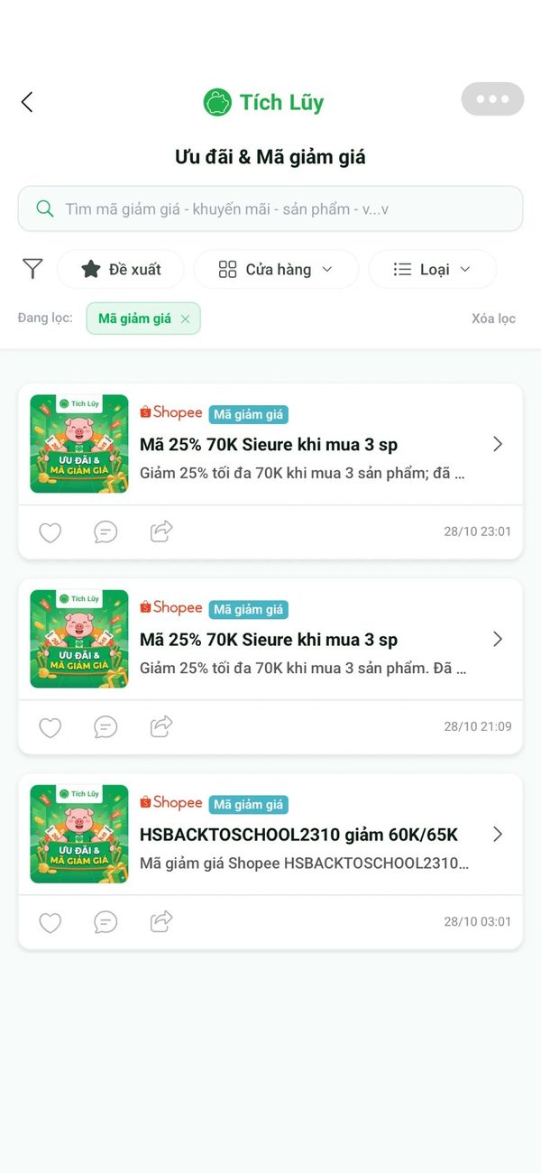 Màn hình Ưu đãi và mã giảm giá Shopee trên app Tích Lũy