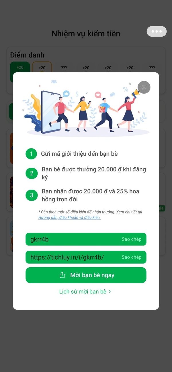 Màn hình mời bạn bè nhận thưởng trên app Tích Lũy